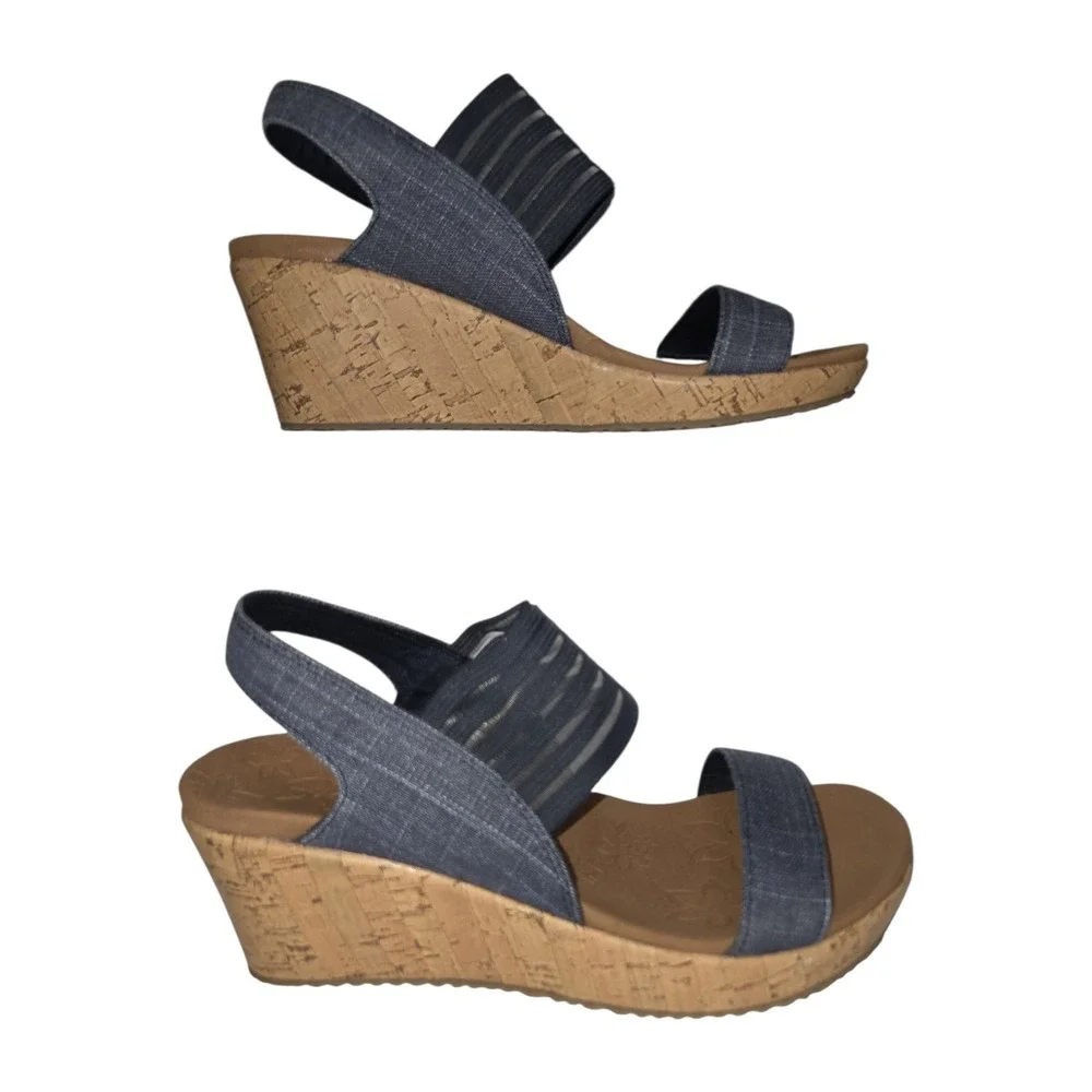 Skechers Luxe Foam Navy Blue Wedge Sandals 38527TX Cork Heel Women's 7